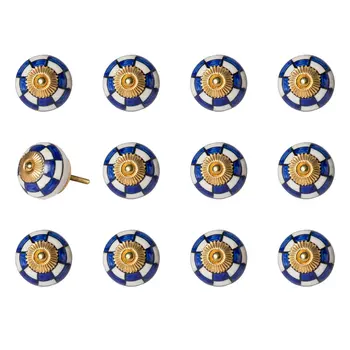 Set of Twelve Blue White And Gold Geometric Ceramic Drawer Pull Knobs
