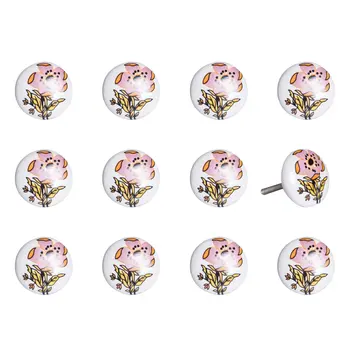 Set of Twelve Pink And White Floral Ceramic Drawer Pull Knobs
