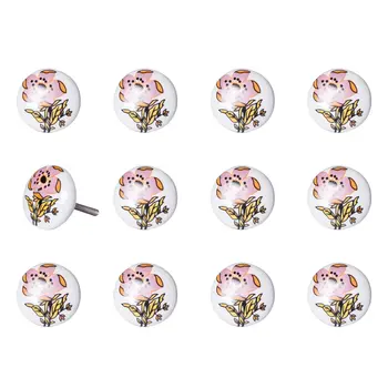 Set of Twelve Pink And White Floral Ceramic Drawer Pull Knobs