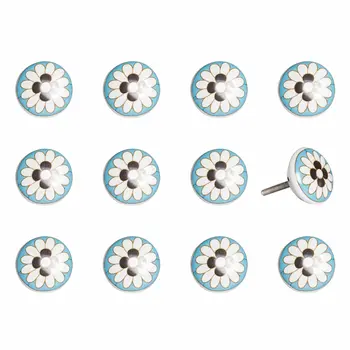 Set of Twelve Sky Blue And White Floral Ceramic Drawer Pull Knobs