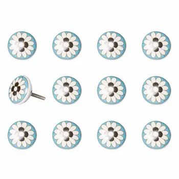 Set of Twelve Sky Blue And White Floral Ceramic Drawer Pull Knobs