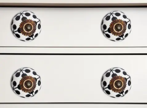 Set of Twelve Black White And Copper Ceramic Geometric Drawer Pull Knobs