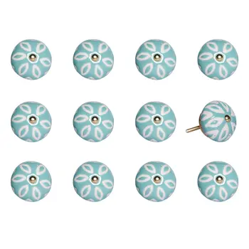Set of Twelve Aqua And White Geometric Ceramic Drawer Pull Knobs