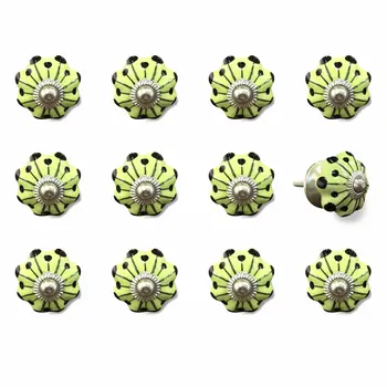 Set of Twelve Yellow Green And Silver Floral Ceramic Drawer Pull Knobs