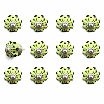 Set of Twelve Yellow Green And Silver Floral Ceramic Drawer Pull Knobs