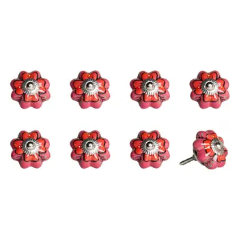 Set of Eight Red Pink And Green Floral Ceramic Drawer Pull Knobs