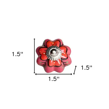 Set of Eight Red Pink And Green Floral Ceramic Drawer Pull Knobs