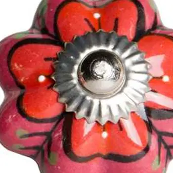Set of Eight Red Pink And Green Floral Ceramic Drawer Pull Knobs
