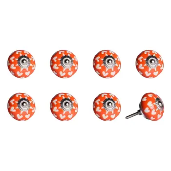 Set of Eight Orange White And Silver Floral Ceramic Drawer Pull Knobs