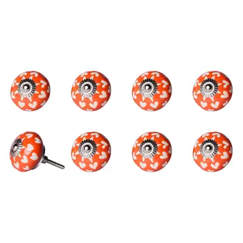 Set of Eight Orange White And Silver Floral Ceramic Drawer Pull Knobs