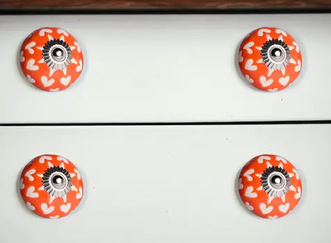 Set of Eight Orange White And Silver Floral Ceramic Drawer Pull Knobs