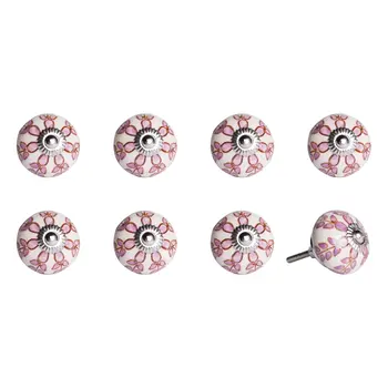 Set of Eight Pink And White Ceramic Drawer Pull Knobs