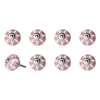 Set of Eight Pink And White Ceramic Drawer Pull Knobs