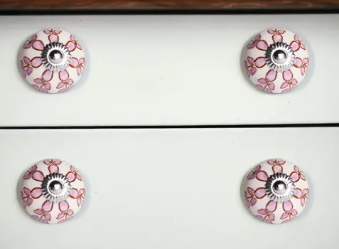 Set of Eight Pink And White Ceramic Drawer Pull Knobs