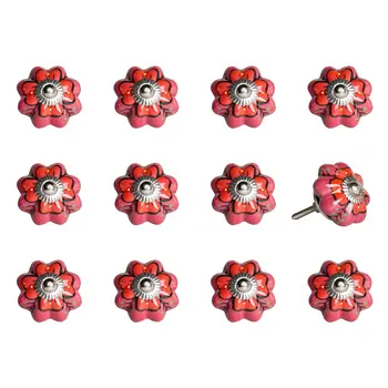 Set of Twelve Red Pink And Green Floral Ceramic Drawer Pull Knobs