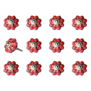 Set of Twelve Red Pink And Green Floral Ceramic Drawer Pull Knobs