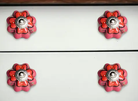 Set of Twelve Red Pink And Green Floral Ceramic Drawer Pull Knobs