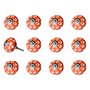 Set of Twelve Orange White And Silver Floral Ceramic Drawer Pull Knobs