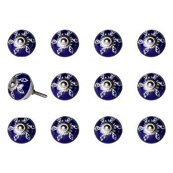 Set of Twelve Blue And White Geometric Ceramic Drawer Pull Knobs