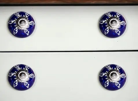 Set of Twelve Blue And White Geometric Ceramic Drawer Pull Knobs