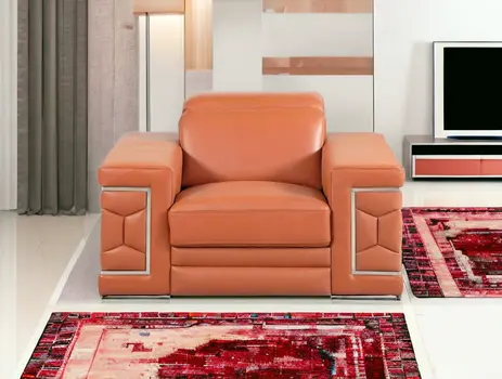 47" Brown And Silver Genuine Leather Arm Chair