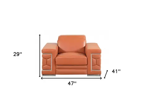 47" Brown And Silver Genuine Leather Arm Chair