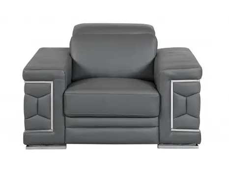 47" Dark Gray And Silver Genuine Leather Arm Chair