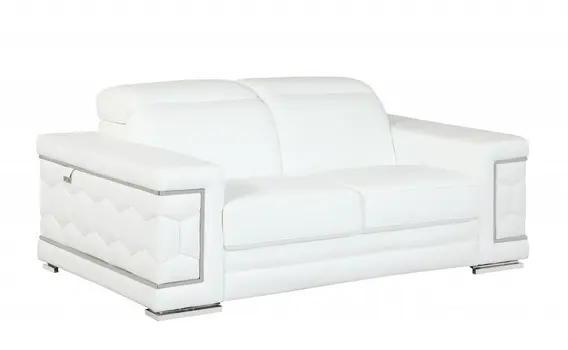 71" White Italian Leather Sofa With Silver Legs