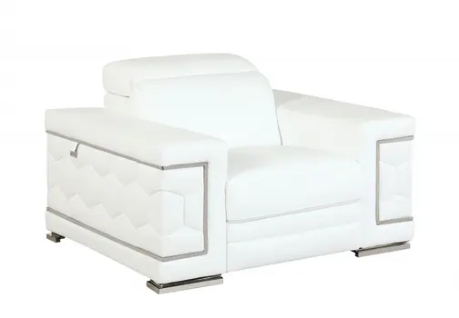 47" White And Silver Genuine Leather Arm Chair