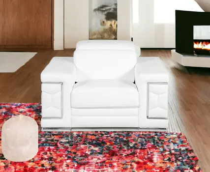 47" White And Silver Genuine Leather Arm Chair