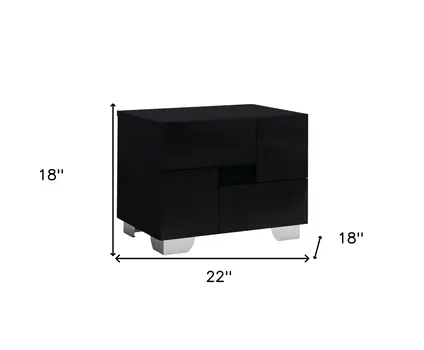 18" Black Wood And Mirrored Glass Two Drawer Nightstand