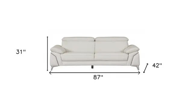 87" White Italian Leather Sofa With Silver Legs