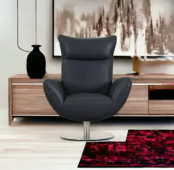 37" Blue And Silver Genuine Leather Lounge Chair