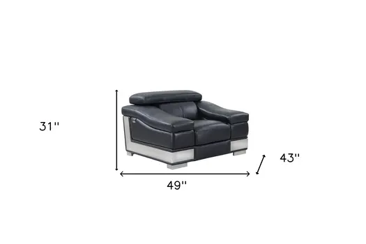 49" Black And Silver Genuine Leather Arm Chair