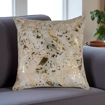 18" Natural And Gold Cowhide Throw Pillow