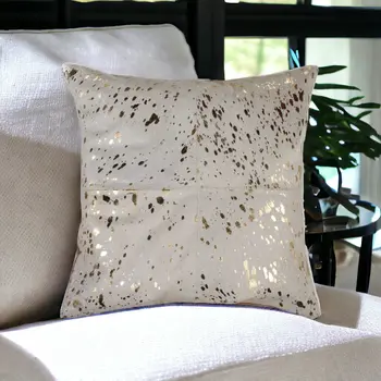 18" Natural And Gold Cowhide Throw Pillow