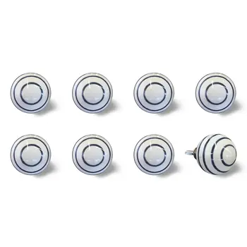 Set of Eight White And Navy Blue Geo Lines Ceramic Drawer Pull Knobs