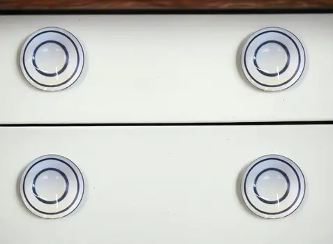Set of Eight White And Navy Blue Geo Lines Ceramic Drawer Pull Knobs