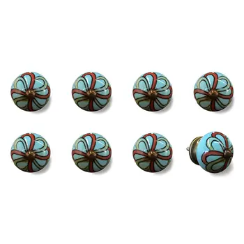 Set of Eight Turquoise And Red Geometric Ceramic Drawer Pull Knobs