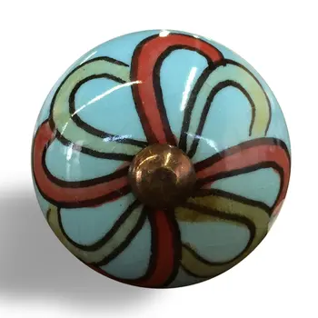 Set of Twelve Turquoise And Red Geometric Ceramic Drawer Pull Knobs