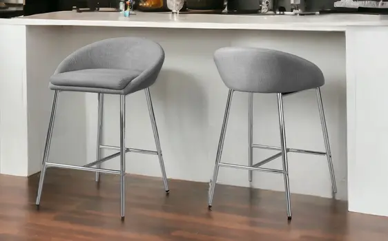 Set of Two 24" Gray and Silver Metal Low Back Bar Chairs
