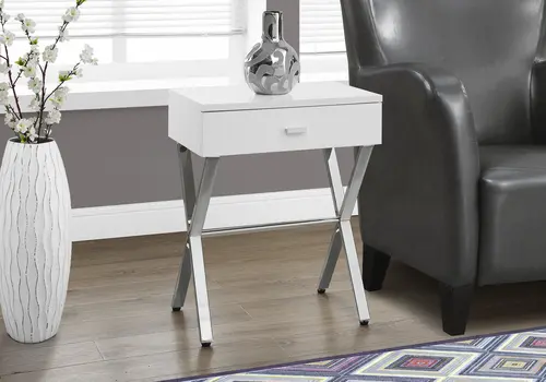 22" Silver And White Wood And Metal End Table With Drawer