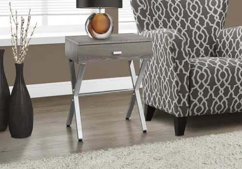 22" Silver And Deep Taupe Wood And Metal End Table With Drawer