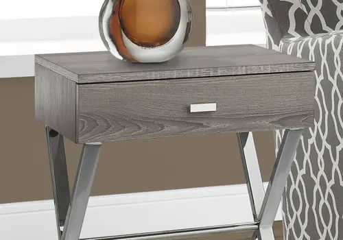 22" Silver And Deep Taupe Wood And Metal End Table With Drawer