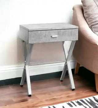 22" Silver And Gray Wood And Metal End Table With Drawer
