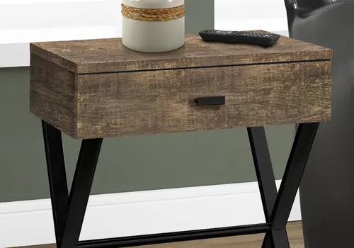 22" Black And Brown Wood And Metal End Table With Drawer