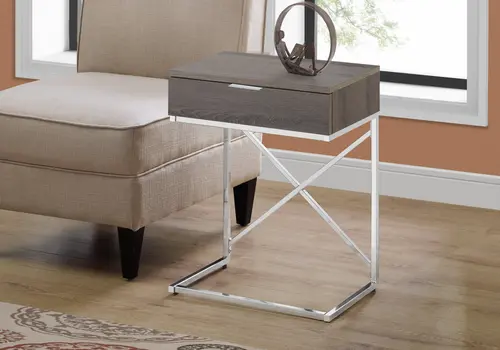 24" Silver And Taupe Wood And Metal End Table With Drawer