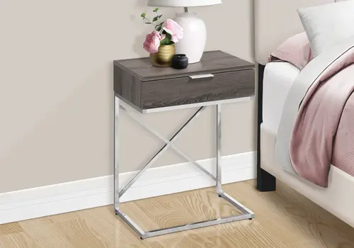 24" Silver And Taupe Wood And Metal End Table With Drawer