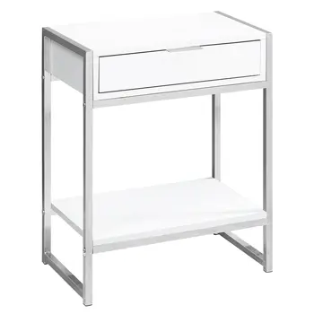 24" Silver And White Wood And Metal End Table With Drawer And Shelf