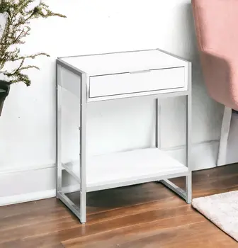 24" Silver And White Wood And Metal End Table With Drawer And Shelf